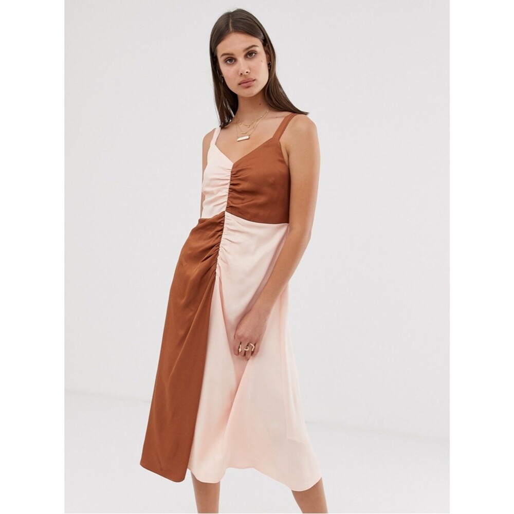ASOS Panel Contrast Ruched Midi Strappy Dress | Brown/Blush | Size 6